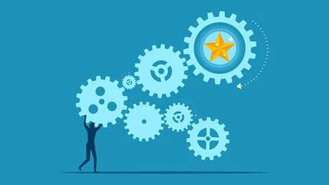 Process of building success. man connecting gear mechanism drives star Illustrazione stock