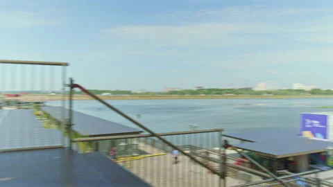 Process of building tribune and diving tower in resort Stock Footage 236928310