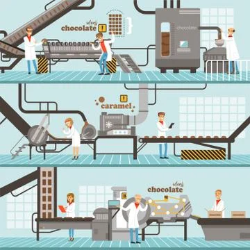 Process of caramel and chocolate production set of horizontal colorful banners 스톡 일러스트