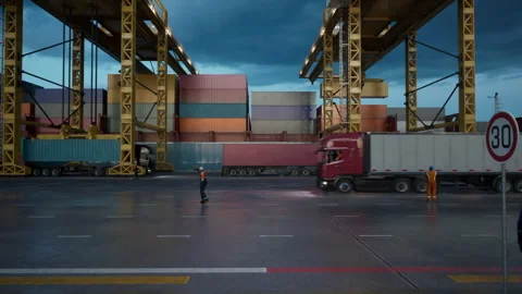 The process of Cargo Loading at Container Terminal involving Trucks as well as Stock Footage 315181621