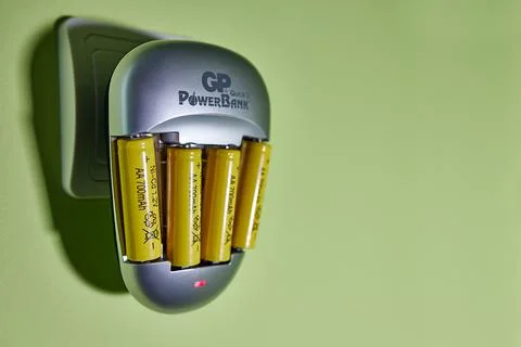 The process of charging AA-type Ni-Cd batteries in a charger connected to an out Stock Photos