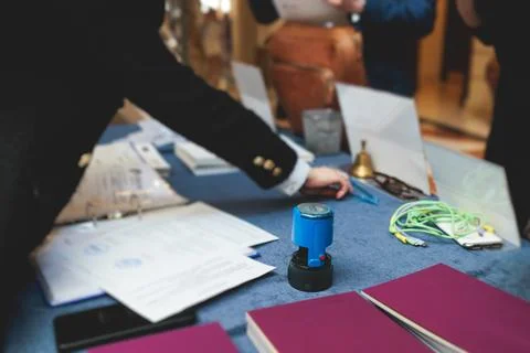 Process of checking in on a conference congress forum event, registration d.. Фото