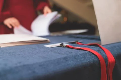 Process of checking in on a conference congress forum event, registration d.. Stock Photos