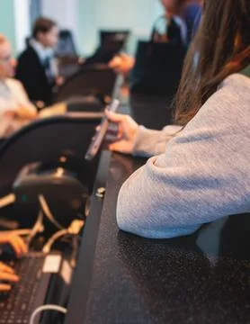 Process of checking in on a conference congress forum event, registration d.. Stock Photos