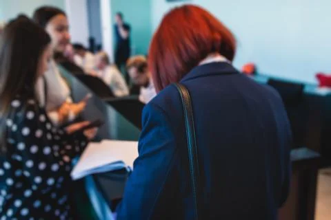 Process of checking in on a conference congress forum event, registration d.. Stock Photos