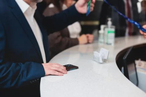 Process of checking in on a conference congress forum event, registration d.. Stock Photos