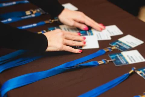 Process of checking in on a conference congress forum event, registration d.. Stock Photos