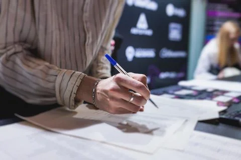 Process of checking in on a conference congress forum event, registration d.. 스톡 사진