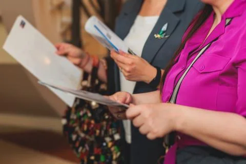 Process of checking in on a conference congress forum event, registration d.. 스톡 사진