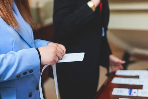 Process of checking in on a conference congress forum event, registration d.. Foto stock