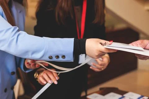 Process of checking in on a conference congress forum event, registration d.. 스톡 사진