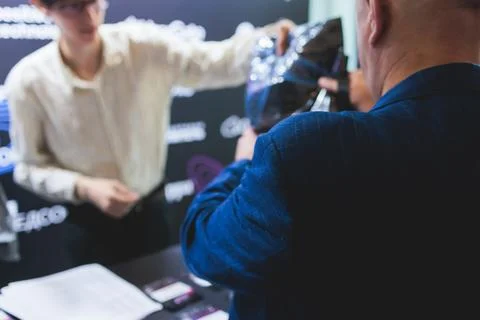 Process of checking in on a conference congress forum event, registration d.. Stock Photos