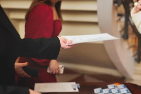Process of checking in on a conference congress forum event, registration d.. 스톡 사진