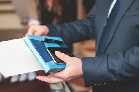 Process of checking in on a conference congress forum event, registration d.. 스톡 사진