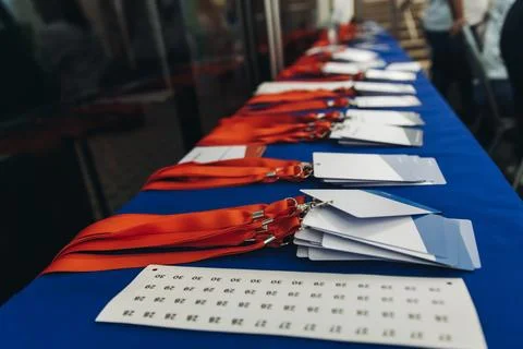 Process of checking in on conference congress forum event, registration des.. Stock Photos