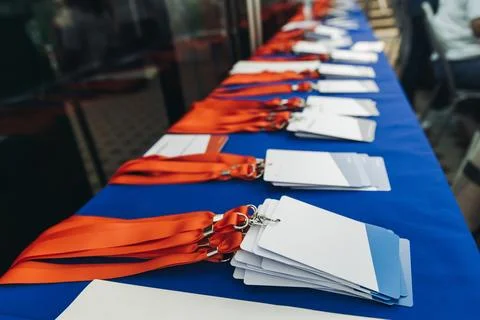 Process of checking in on conference congress forum event, registration des.. Stock Photos