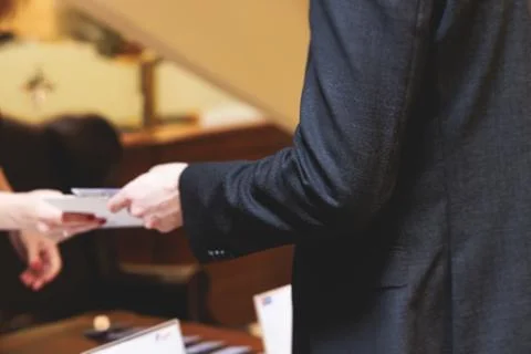 Process of checking in on conference congress forum event, registration des.. Stock Photos