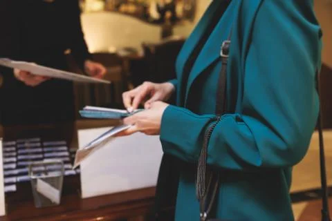 Process of checking in on conference congress forum event, registration des.. Stock Photos