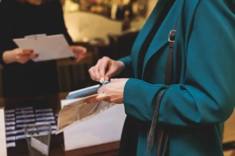 Process of checking in on conference congress forum event, registration des.. Stock Photos