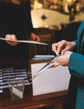 Process of checking in on conference congress forum event, registration des.. Stock Photos