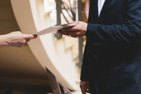 Process of checking in on conference congress forum event, registration des.. Stock Photos