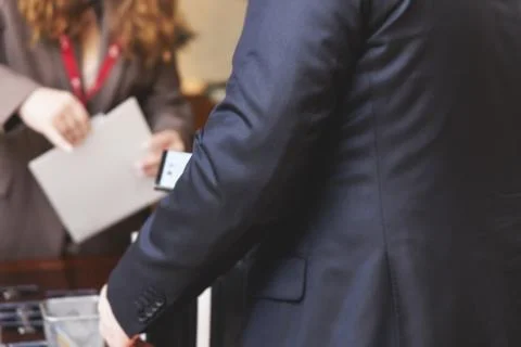 Process of checking in on conference congress forum event, registration des.. Stock Photos