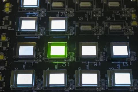 The process of checking several oled displays on the test station. Displays g Stock Photos