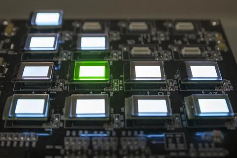 The process of checking several oled displays on the test station. Displays g Stock Photos