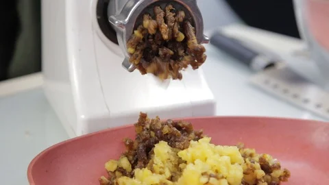 Process of chopping pumpkin, dates and prunes on a electric grinder Stock Footage 98744466