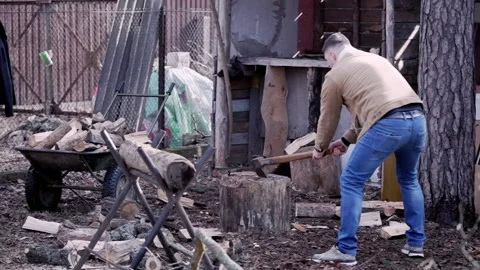 The process of chopping wood by a person using a cleaver Stock Footage 234537735