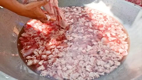 The Process Of Cleaning The Pieces Of Beef In A Cauldron Stock Footage 295830793
