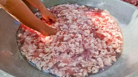 The Process Of Cleaning The Pieces Of Beef In A Cauldron Stock Footage 295830801