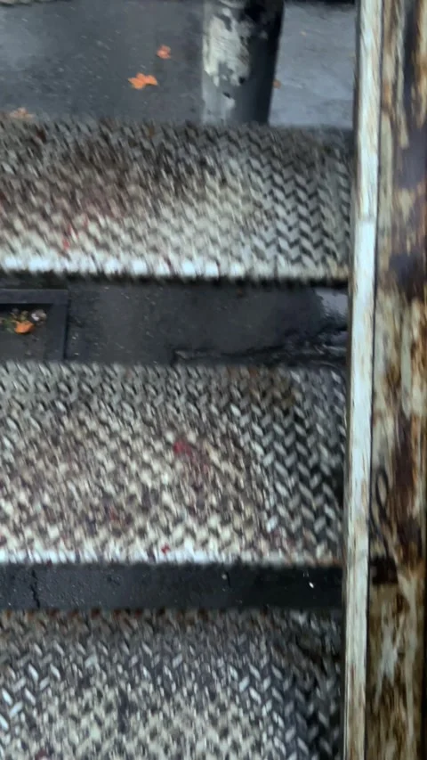 Process of climbing steps of dirty rusty metal factory staircase Stock Footage 294634931