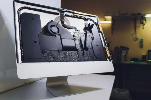 Process of computer repair. Engineer in white gloves disassembling computer. Stock Photos