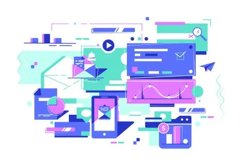 Process on computers with statistics, graphs and smartphone. Stock Illustration