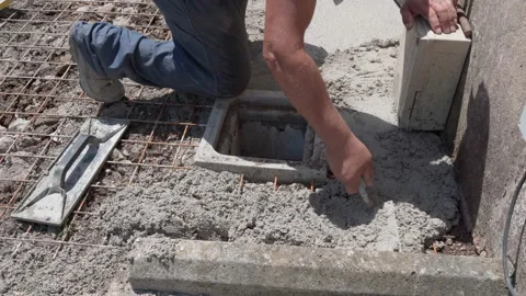 Process of concrete floor reinforcement on construction site, levelling surface Stock Footage 163910531