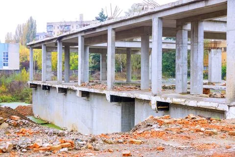 In process of constructing a concrete residential building structure complex Stock Photos