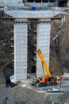 Process construction bridge for cars or trains and road transport infrastructure Stock Photos