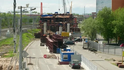 Process of construction of new bridge in Moscow. Non- stop working. Stock Footage 135575980