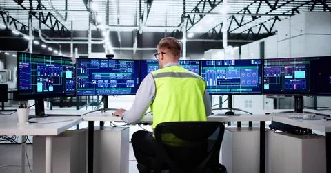 Process Control Operator Monitors Industrial Plant Machinery Using Computer S Stock Photos
