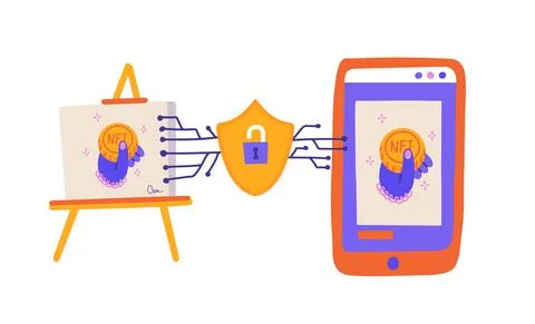 Process of converting a piece of art into a unique token. Concept of ART to NFT Stock Illustration