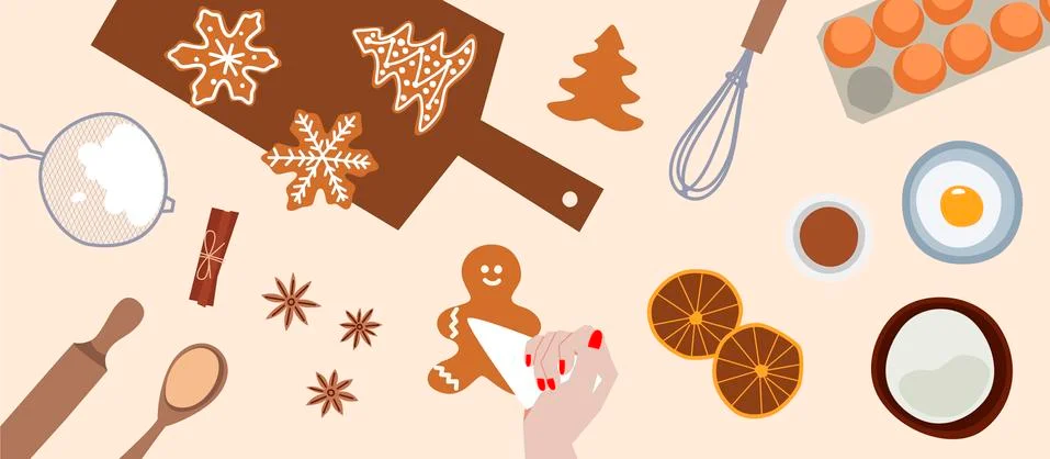 Process of cooking and icing gingerbread vector flat illustration. Stock Illustration