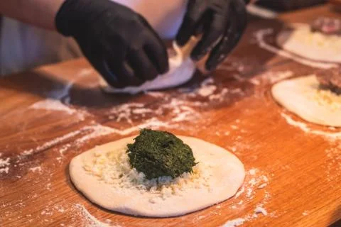 Process of cooking and serving traditional georgian food cuisine, with pkhali Stock Photos
