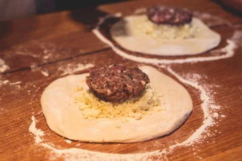 Process of cooking and serving traditional georgian food cuisine, with pkhali Stock-Fotos