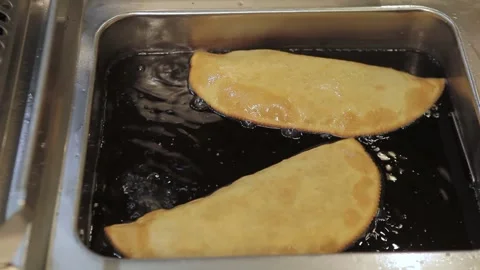Process Cooking Cheburek Man Fry Pasties Cheese Meat Onion Large Pot Cauldron Stock Footage 131387309