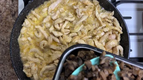 The process of cooking chicken breast with champignon mushrooms in a frying pan  Stock-Footage 301330689