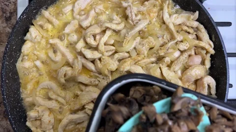 The process of cooking chicken breast with champignon mushrooms in a frying pan  Stock Footage 301887211