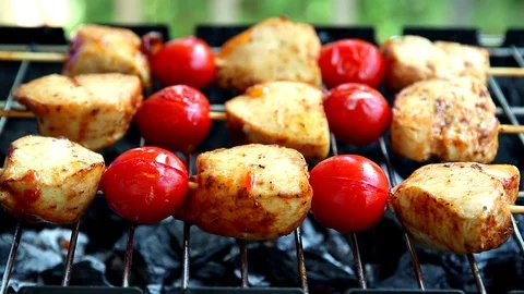 Process of cooking chicken fillet grill on a wooden skewers shashlik Stock Footage 111912740