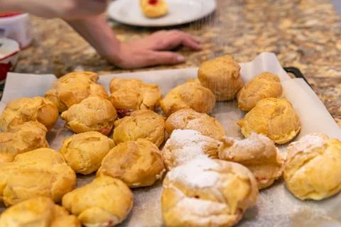 Process of cooking custard cakes Stock Photos