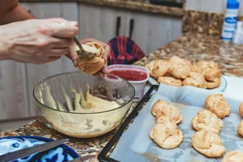 Process of cooking custard cakes Stock Photos